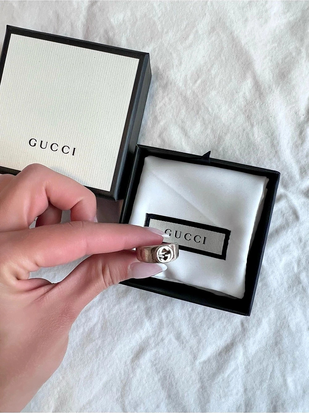 Gucci Interlocking G Silver Ring, Textured Silver-Tone